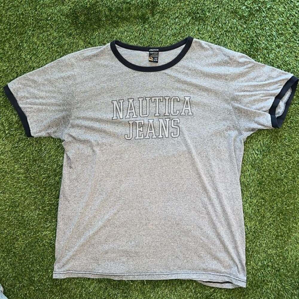 Vintage Nautica Jeans Company Grey Athletic Fit Ringer T-Shirt